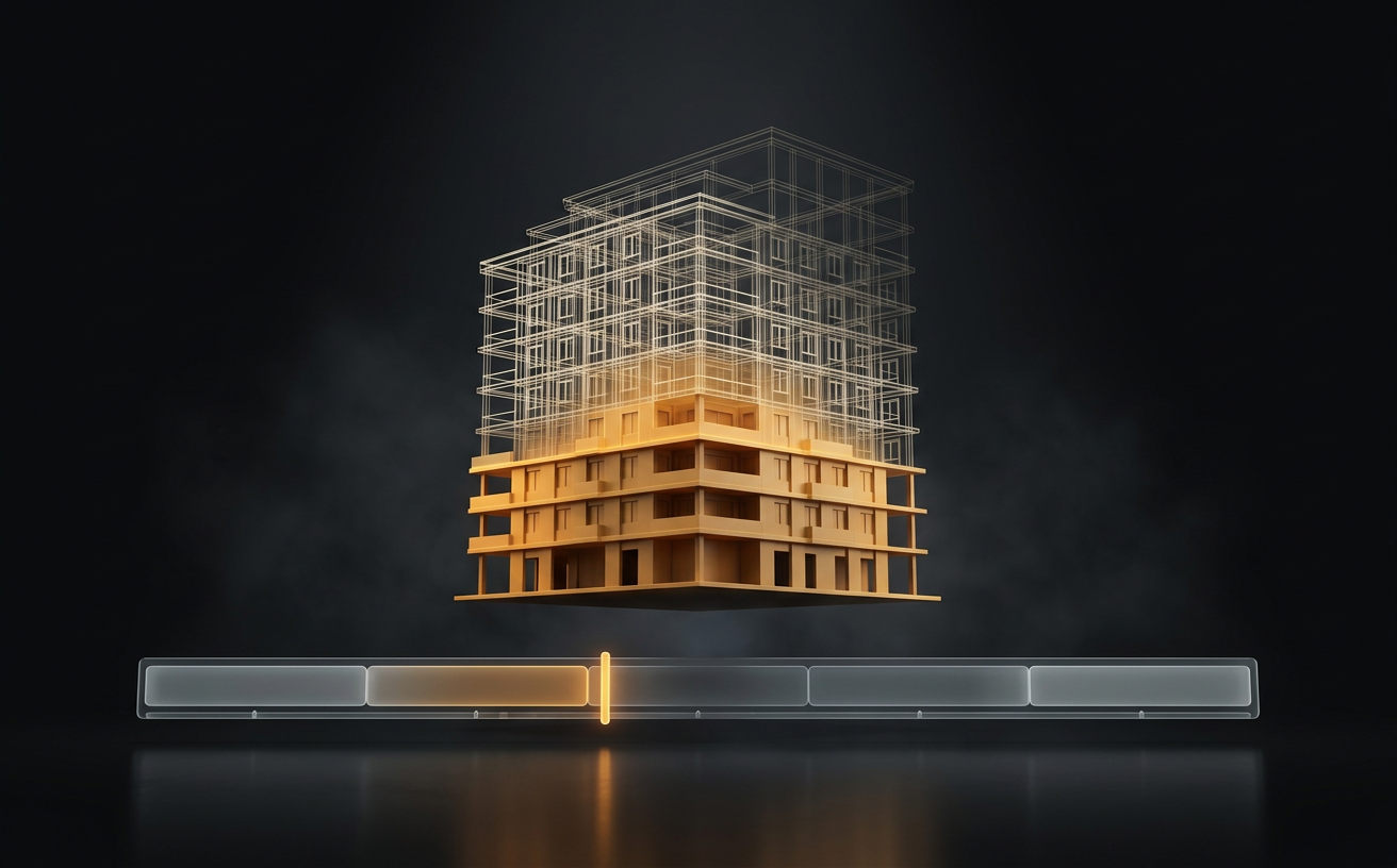 A building model rising floor by floor along a schedule timeline